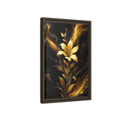 Side Mockup 5. Floral Golden Lily Black And Gold shown as stretched canvas wall art