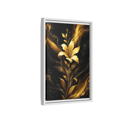 Side Mockup 4. Floral Golden Lily Black And Gold shown as stretched canvas wall art