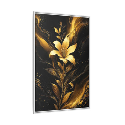 Side Mockup 7. Floral Golden Lily Black And Gold shown as stretched canvas wall art