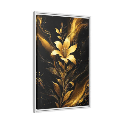 Side Mockup 10. Floral Golden Lily Black And Gold shown as stretched canvas wall art
