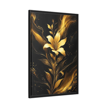 Side Mockup 13. Floral Golden Lily Black And Gold shown as stretched canvas wall art