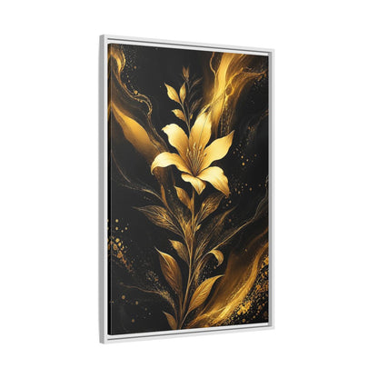 Side Mockup 9. Floral Golden Lily Black And Gold shown as stretched canvas wall art