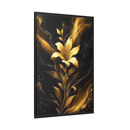 Side Mockup 12. Floral Golden Lily Black And Gold shown as stretched canvas wall art