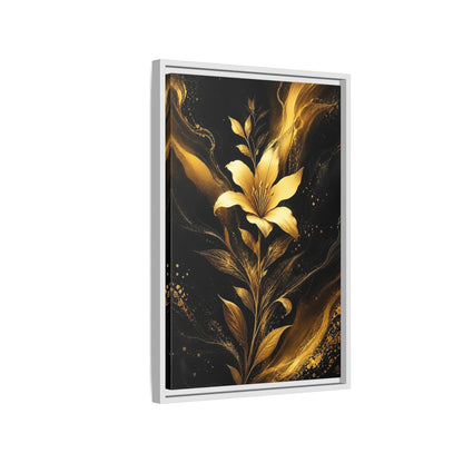 Side Mockup 1. Floral Golden Lily Black And Gold shown as stretched canvas wall art