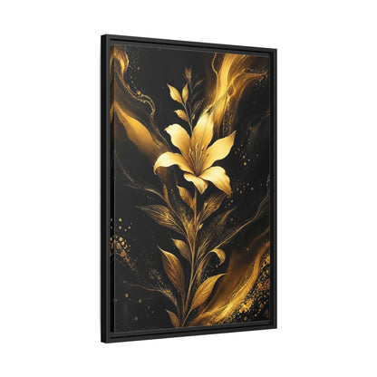 Side Mockup 14. Floral Golden Lily Black And Gold shown as stretched canvas wall art