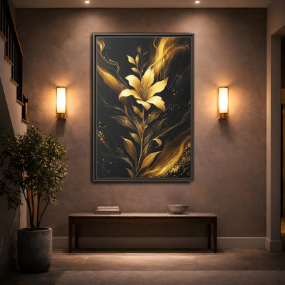 Mockup 2. Floral Golden Lily Black And Gold shown as stretched canvas wall art