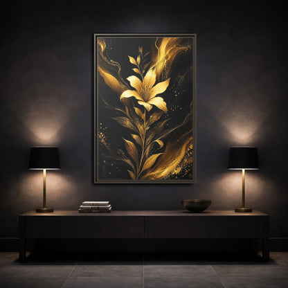 Mockup 3. Floral Golden Lily Black And Gold shown as stretched canvas wall art