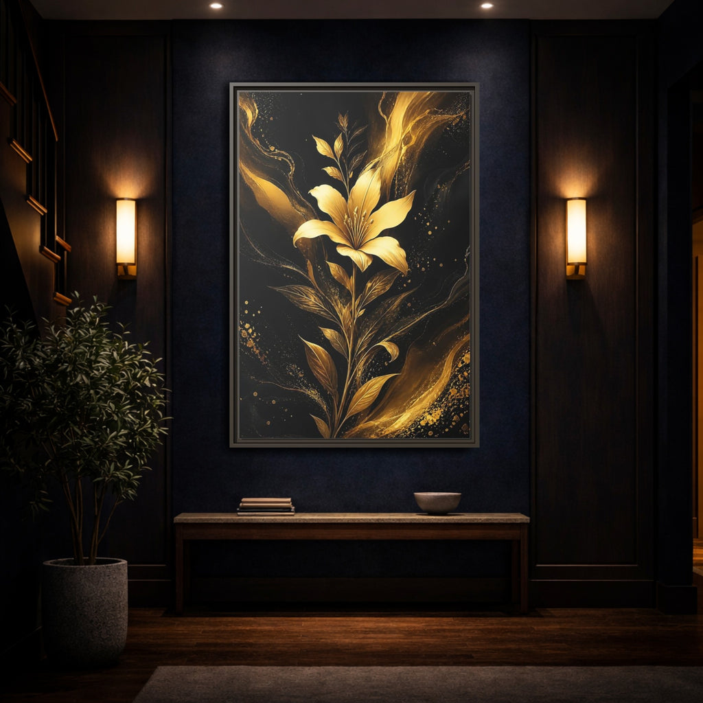 Mockup 4. Floral Golden Lily Black And Gold shown as stretched canvas wall art