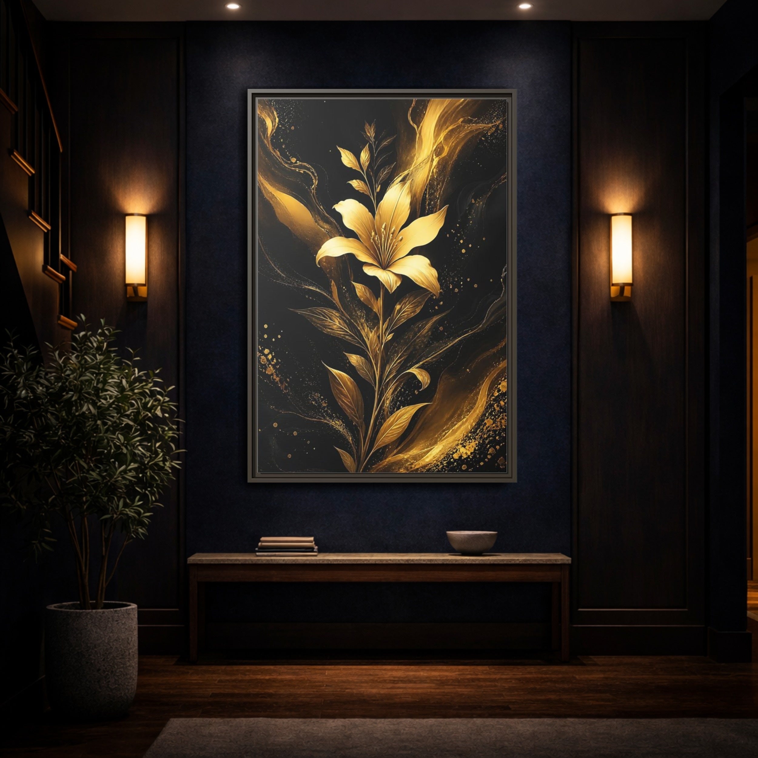 Mockup 4. Floral Golden Lily Black And Gold shown as stretched canvas wall art