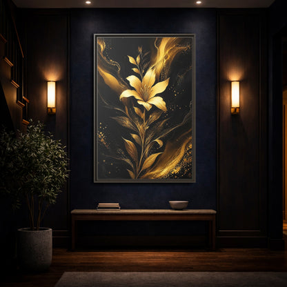 Mockup 4. Floral Golden Lily Black And Gold shown as stretched canvas wall art