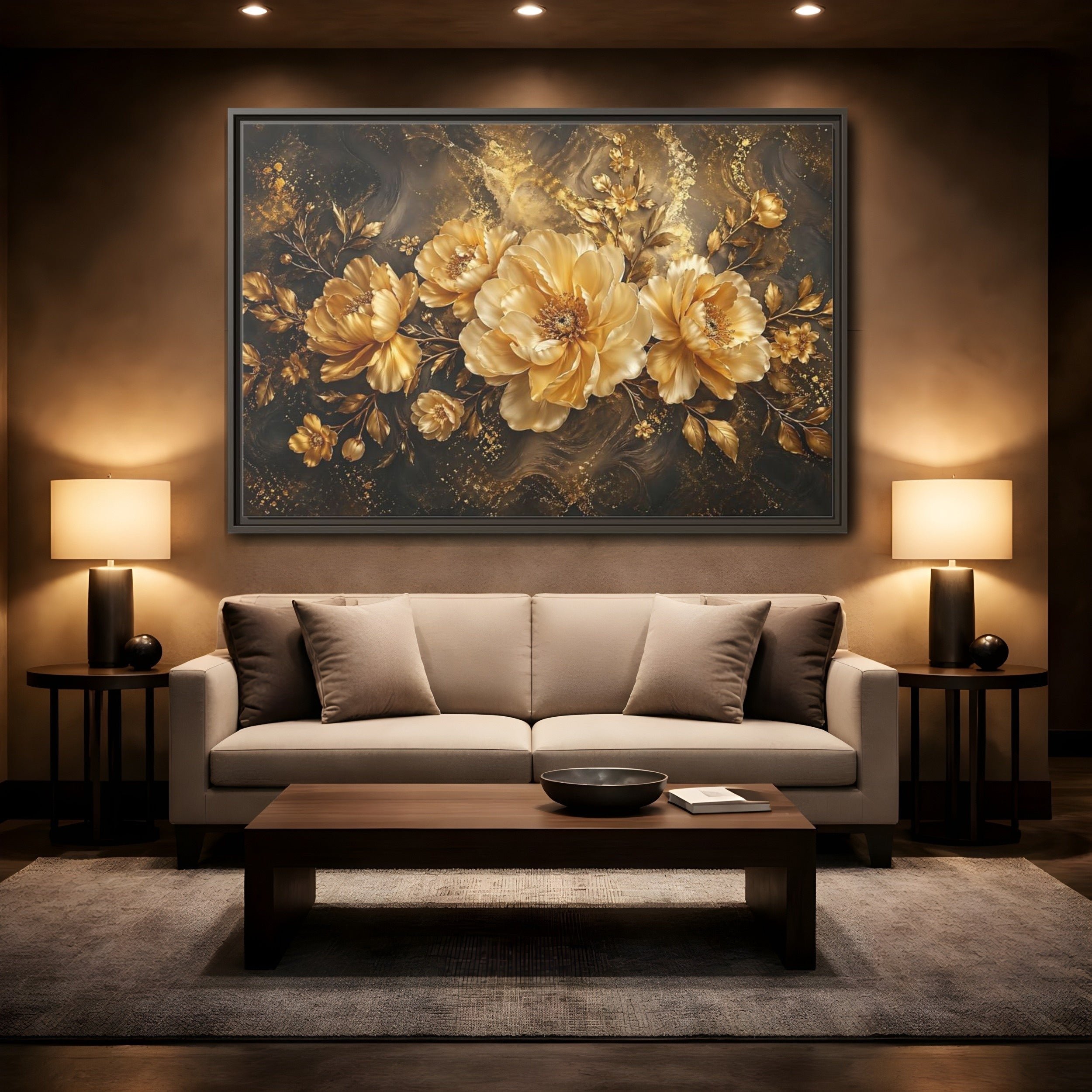 Mockup 2. Floral Golden Peonies Gold And Black Floral shown as stretched canvas wall art