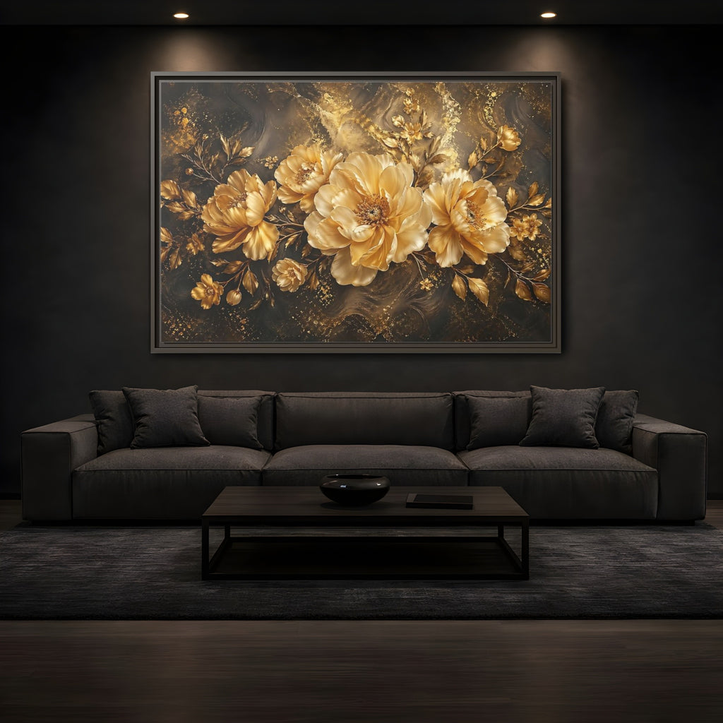 Mockup 3. Floral Golden Peonies Gold And Black Floral shown as stretched canvas wall art