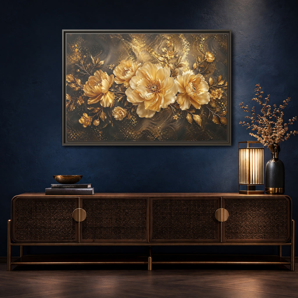 Mockup 4. Floral Golden Peonies Gold And Black Floral shown as stretched canvas wall art