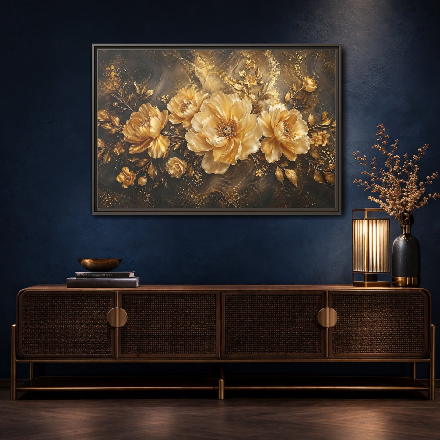 Mockup 4. Floral Golden Peonies Gold And Black Floral shown as stretched canvas wall art