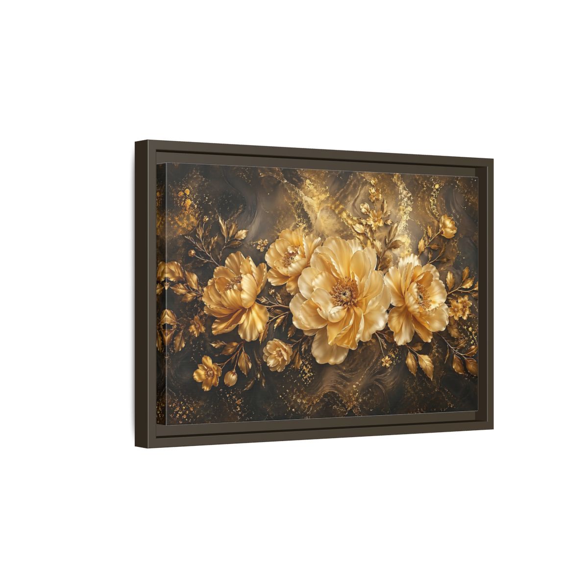 Side Mockup 5. Floral Golden Peonies Gold And Black Floral shown as stretched canvas wall art