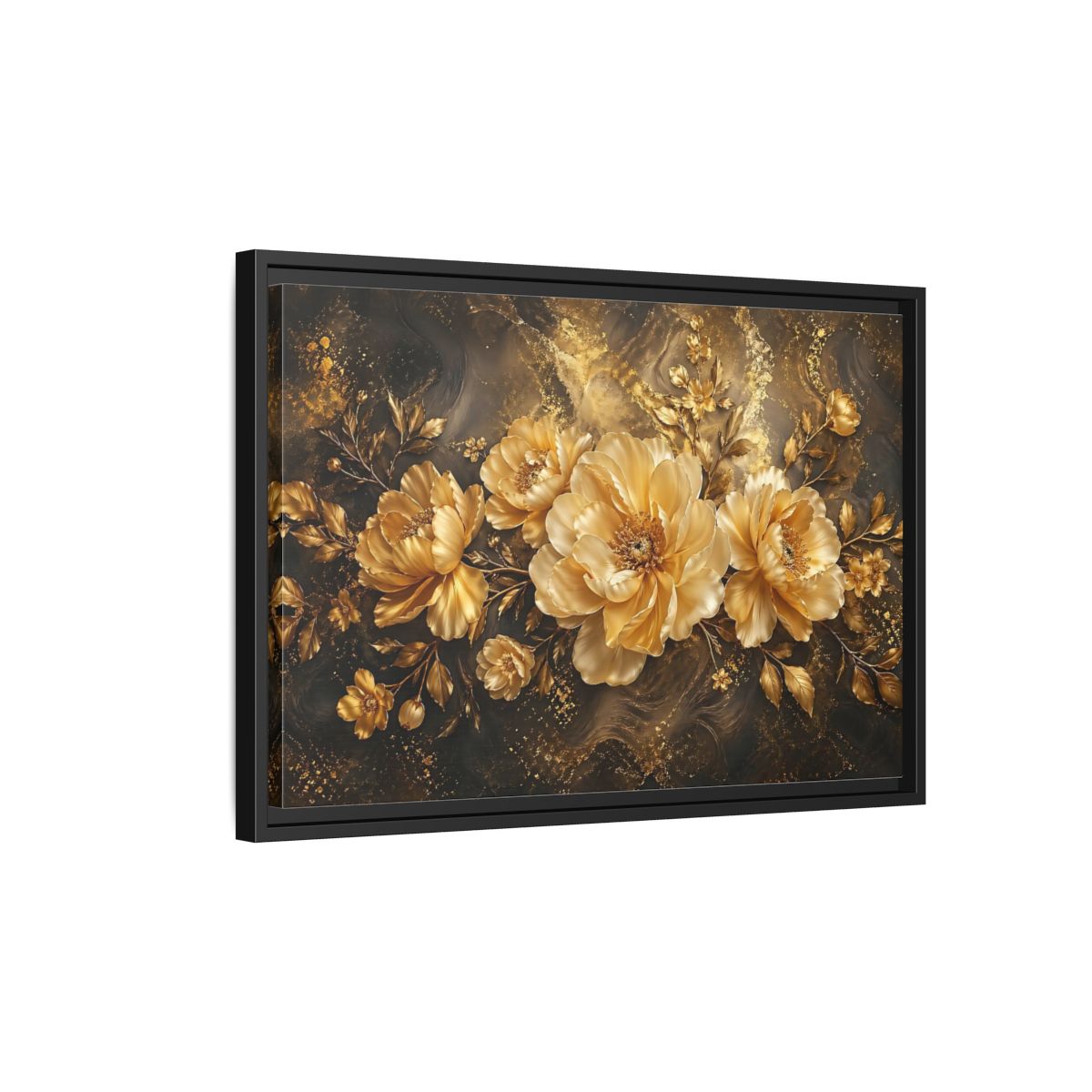 Side Mockup 3. Floral Golden Peonies Gold And Black Floral shown as stretched canvas wall art