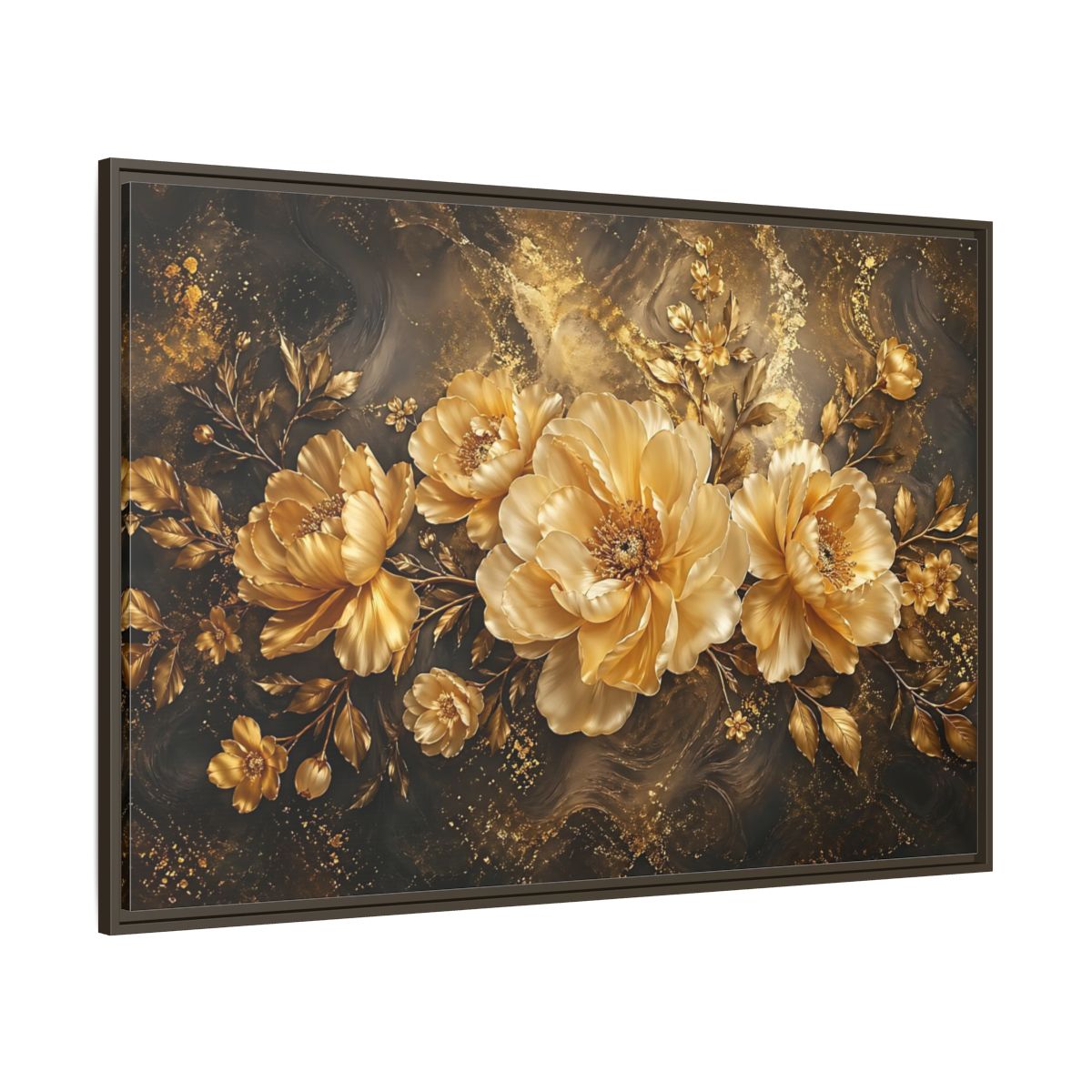 Side Mockup 8. Floral Golden Peonies Gold And Black Floral shown as stretched canvas wall art