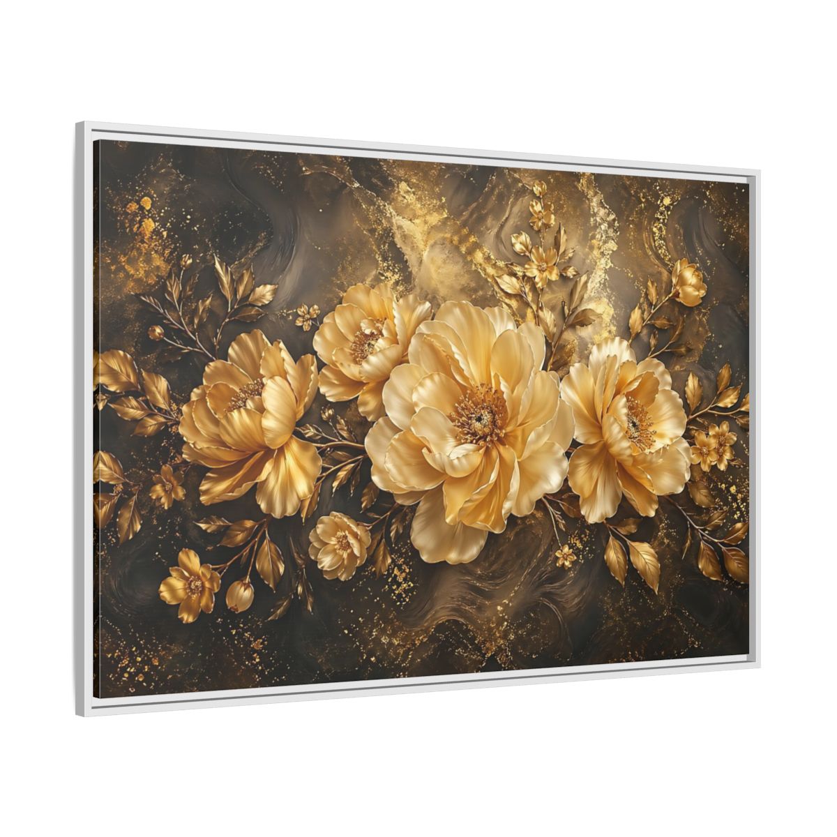 Side Mockup 7. Floral Golden Peonies Gold And Black Floral shown as stretched canvas wall art
