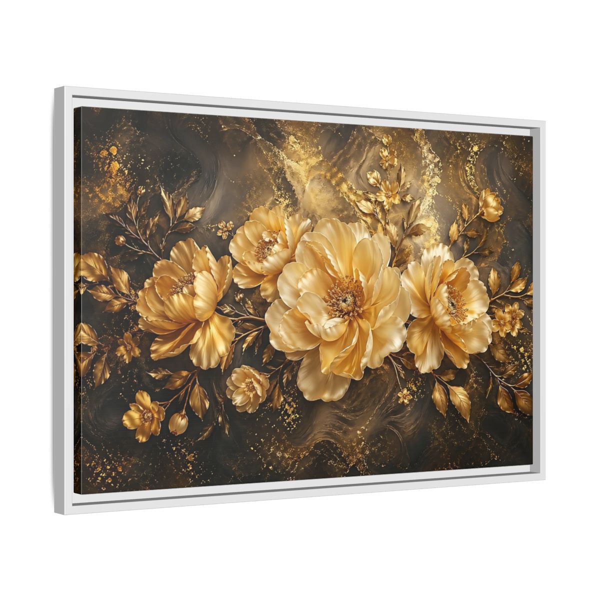 Side Mockup 10. Floral Golden Peonies Gold And Black Floral shown as stretched canvas wall art