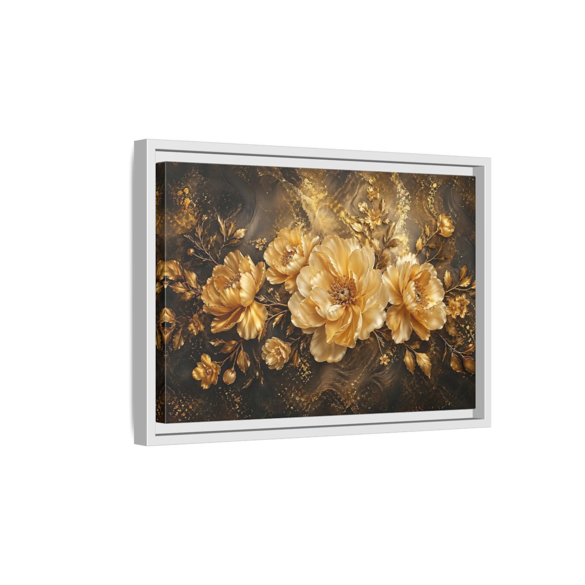 Side Mockup 4. Floral Golden Peonies Gold And Black Floral shown as stretched canvas wall art