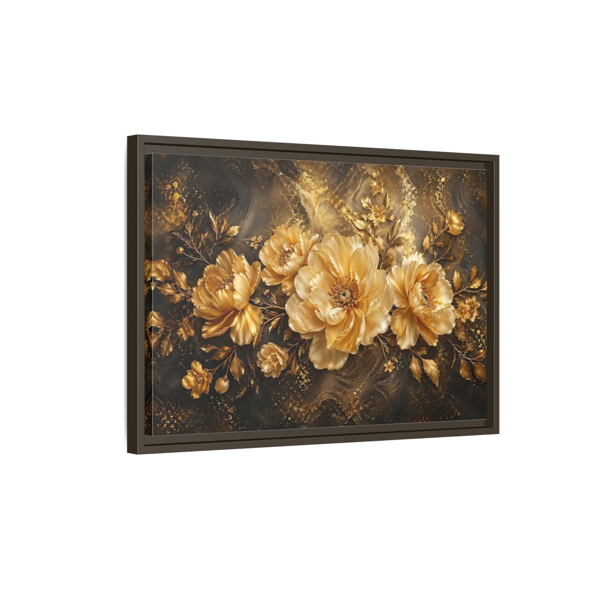Side Mockup 2. Floral Golden Peonies Gold And Black Floral shown as stretched canvas wall art