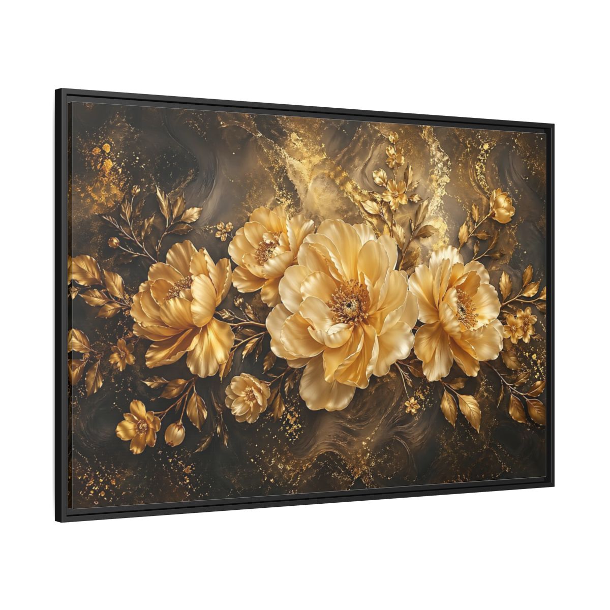 Side Mockup 12. Floral Golden Peonies Gold And Black Floral shown as stretched canvas wall art