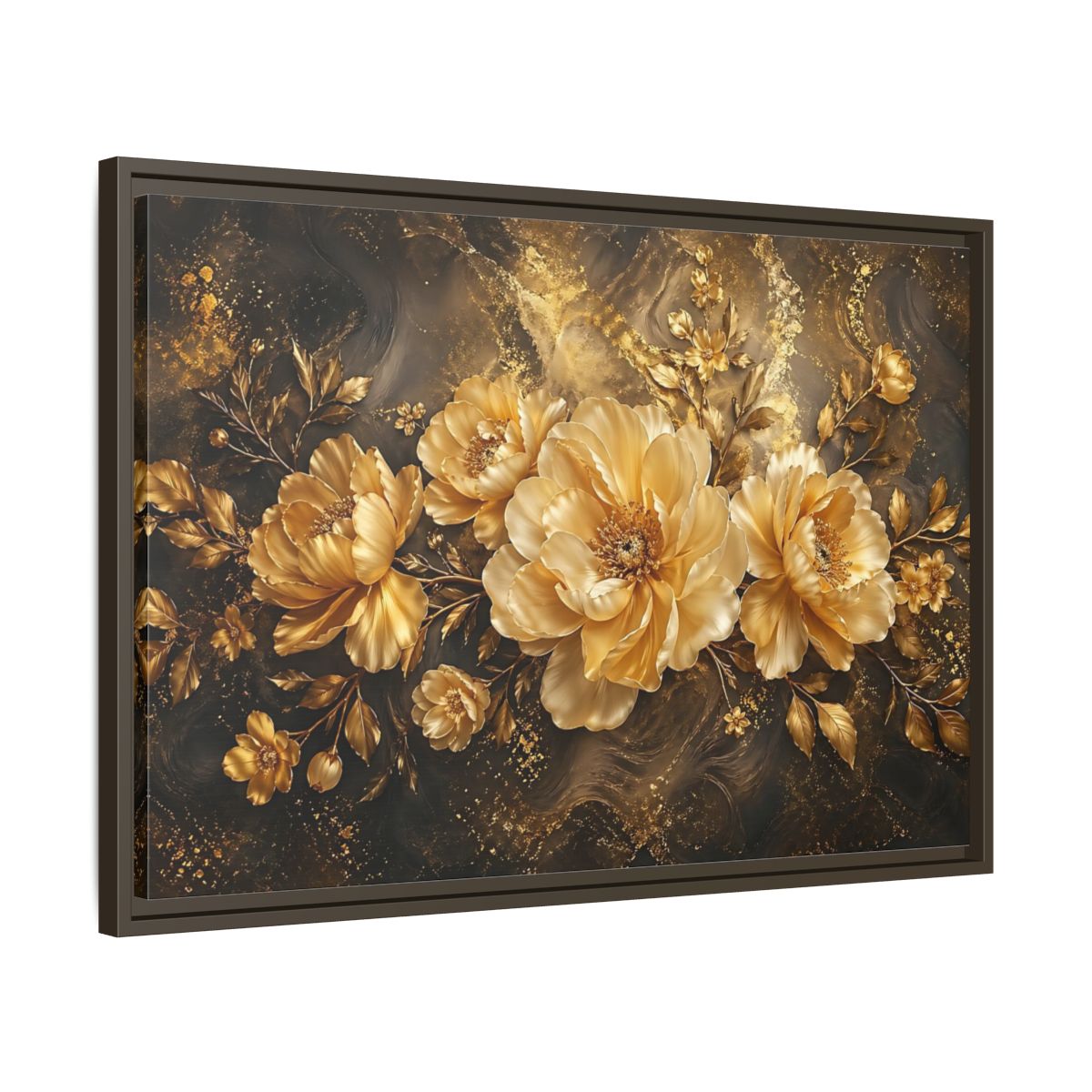 Side Mockup 11. Floral Golden Peonies Gold And Black Floral shown as stretched canvas wall art