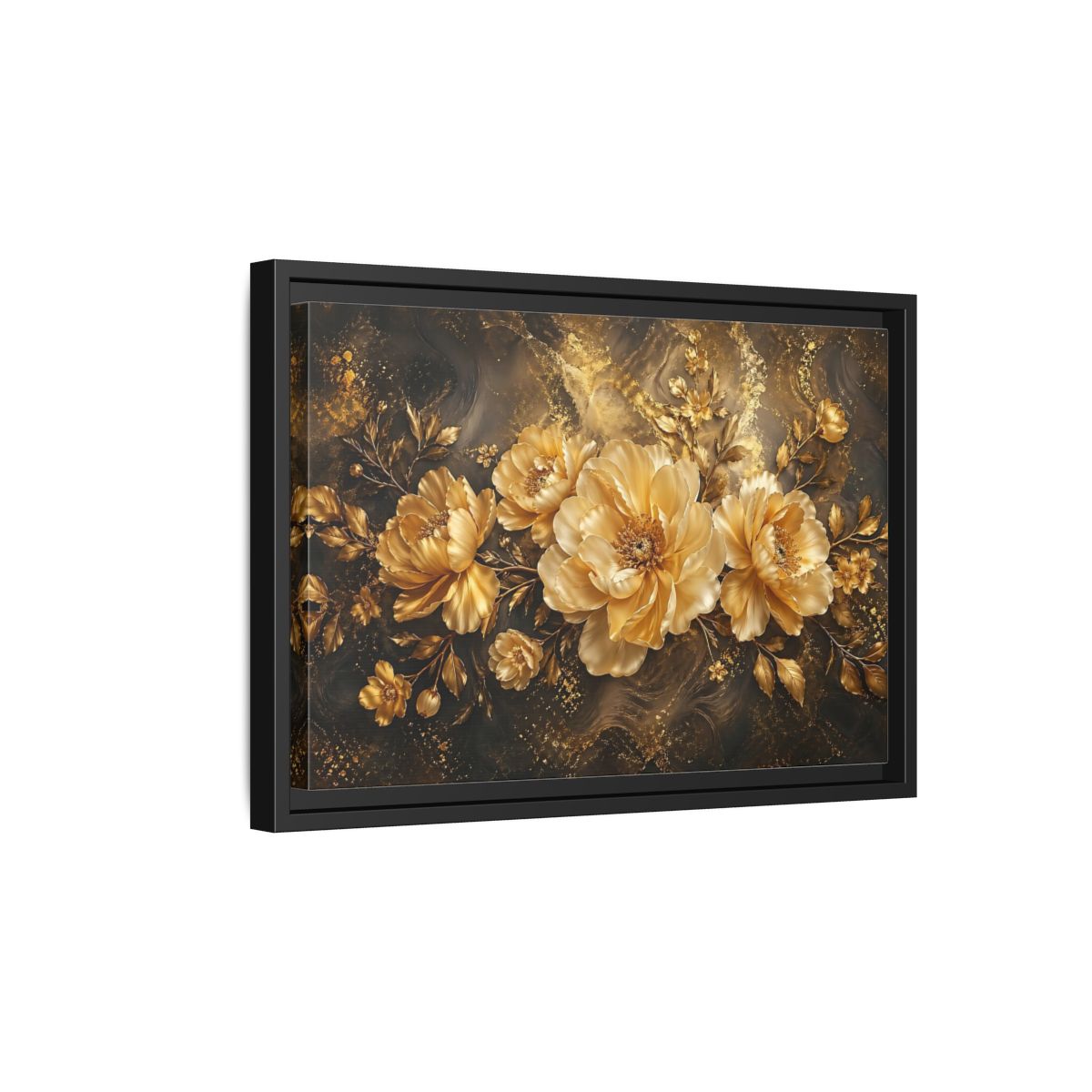 Side Mockup 6. Floral Golden Peonies Gold And Black Floral shown as stretched canvas wall art