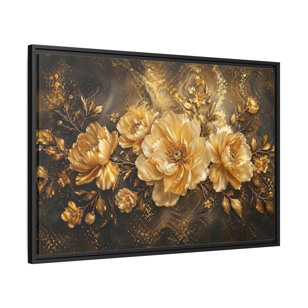 Side Mockup 13. Floral Golden Peonies Gold And Black Floral shown as stretched canvas wall art