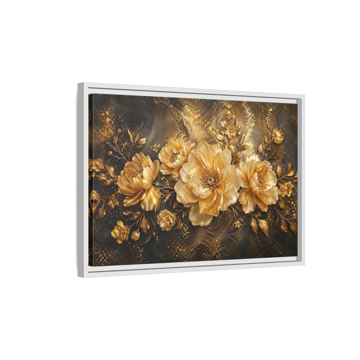 Side Mockup 1. Floral Golden Peonies Gold And Black Floral shown as stretched canvas wall art