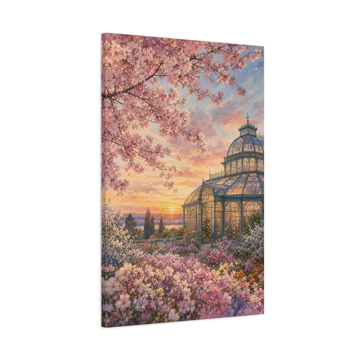 Main Mockup. Floral Greenhouse Garden Pink Floral Sunset shown as stretched canvas wall art