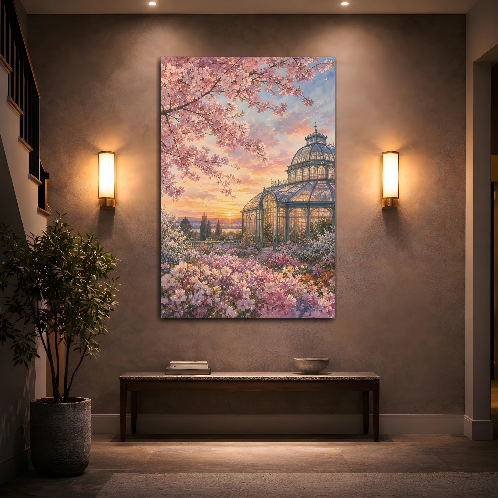 Mockup 2. Floral Greenhouse Garden Pink Floral Sunset shown as stretched canvas wall art