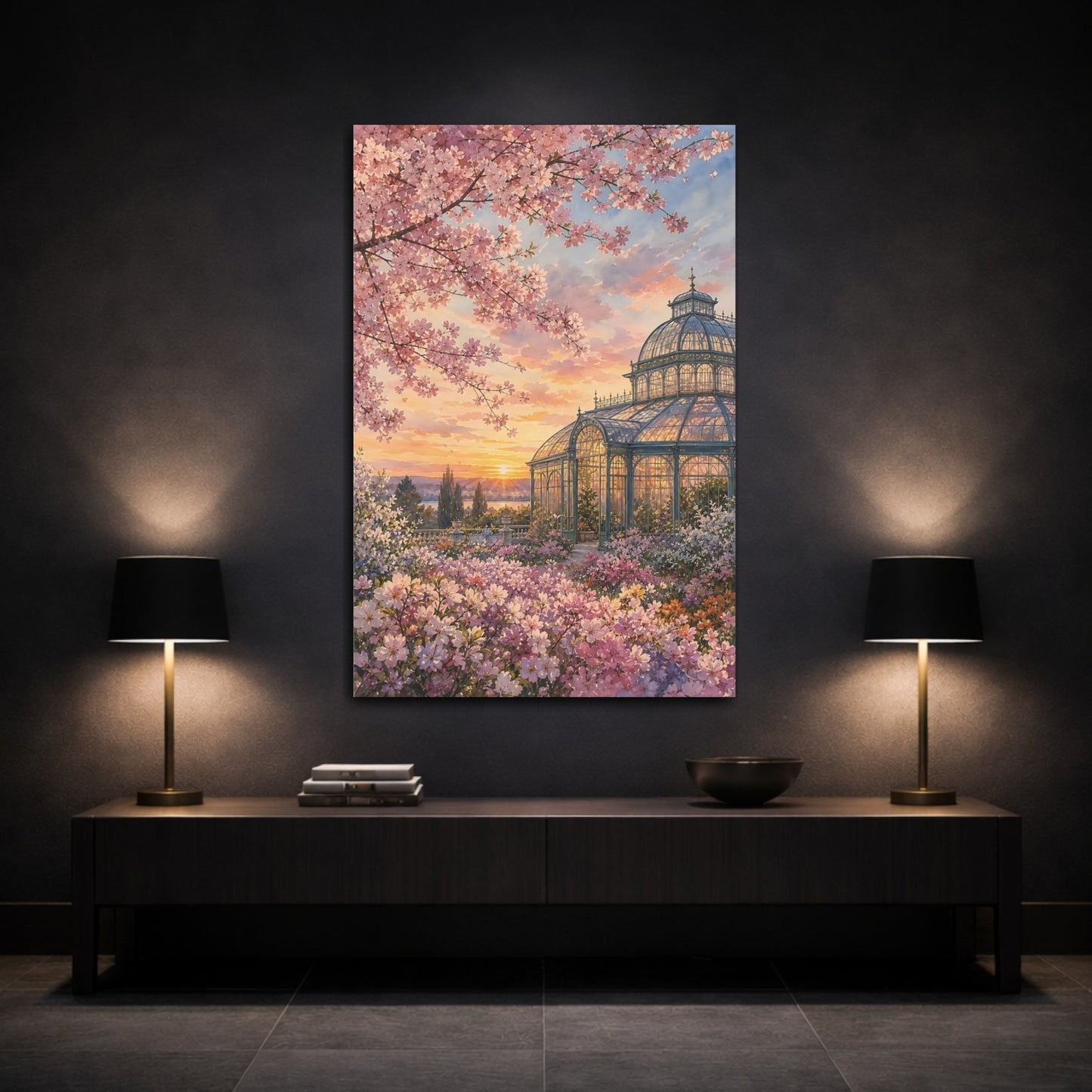 Mockup 3. Floral Greenhouse Garden Pink Floral Sunset shown as stretched canvas wall art