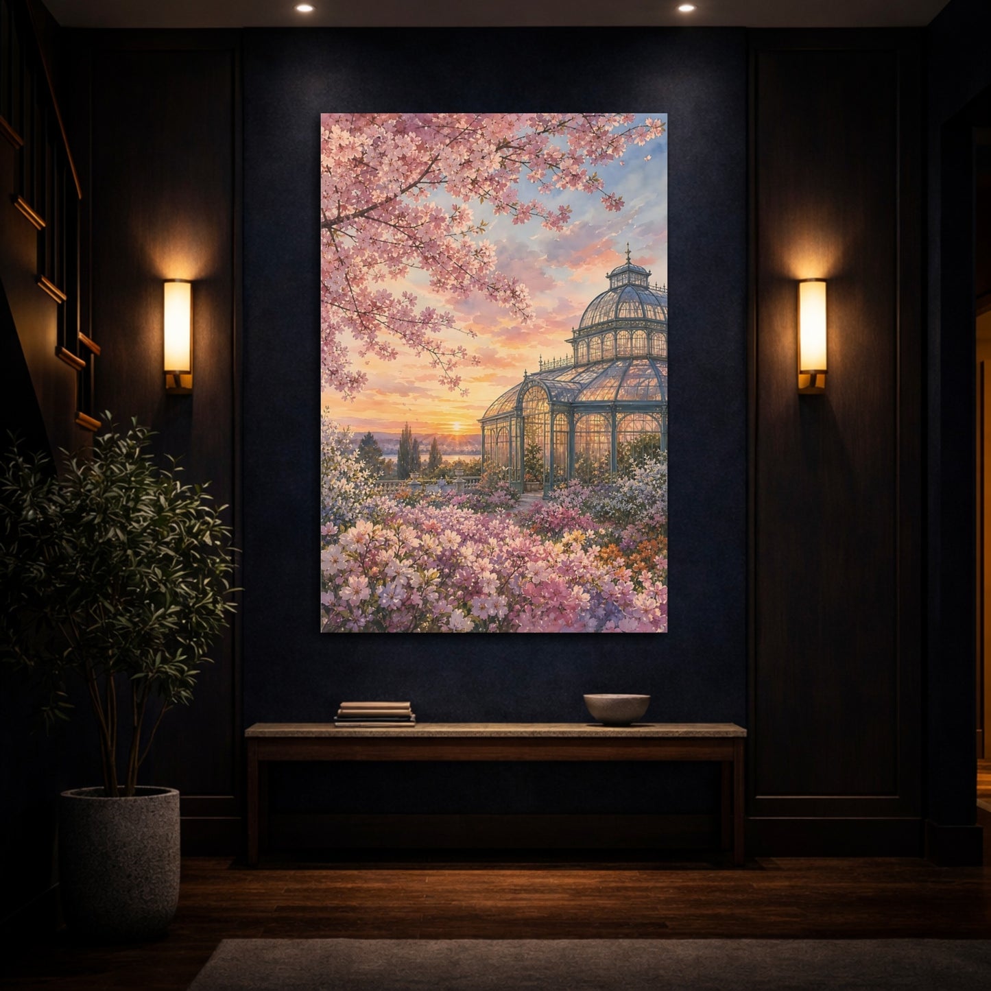 Mockup 4. Floral Greenhouse Garden Pink Floral Sunset shown as stretched canvas wall art