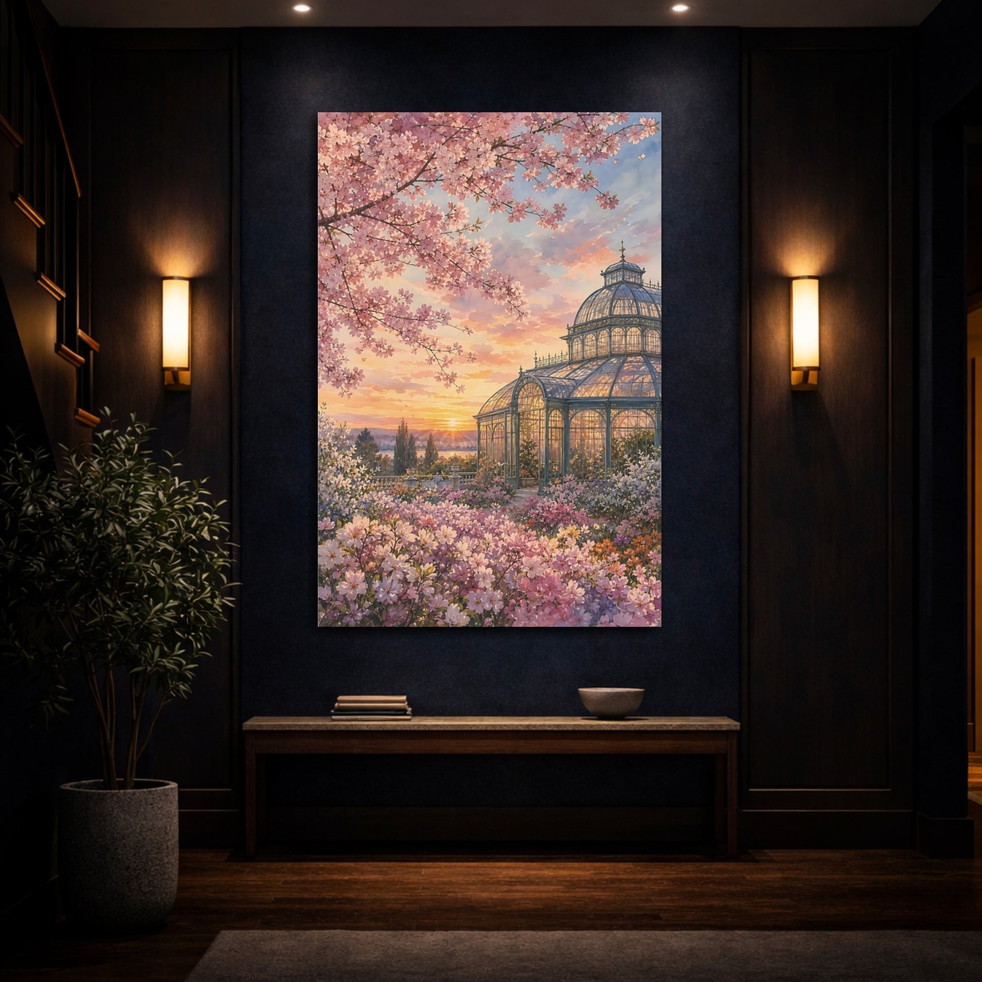 Mockup 4. Floral Greenhouse Garden Pink Floral Sunset shown as stretched canvas wall art