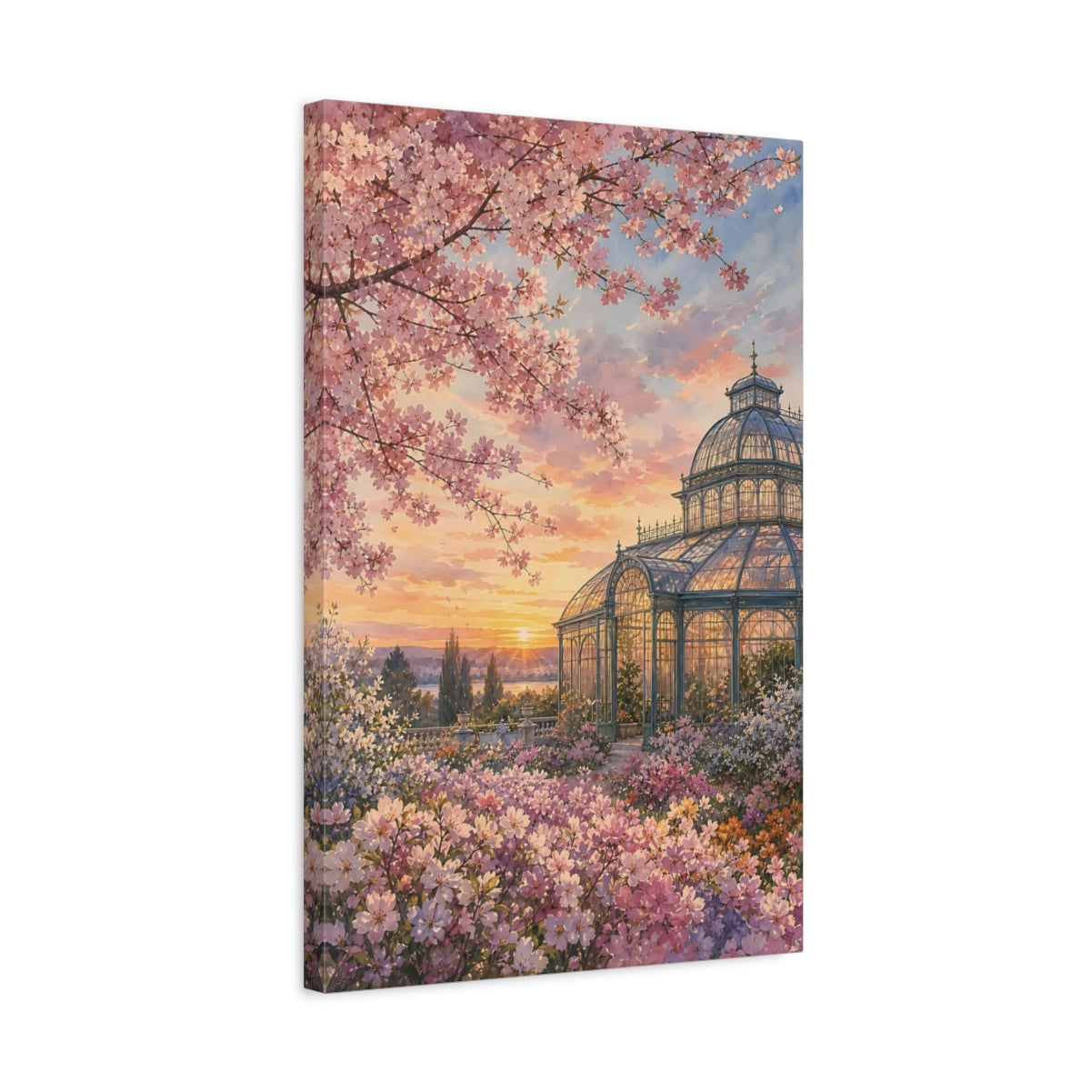 Side Mockup 3. Floral Greenhouse Garden Pink Floral Sunset shown as stretched canvas wall art