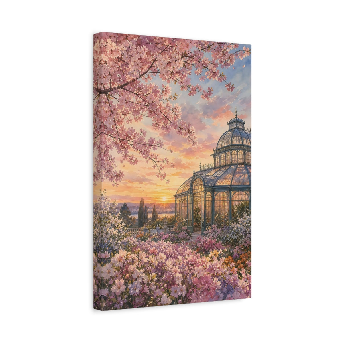 Side Mockup 4. Floral Greenhouse Garden Pink Floral Sunset shown as stretched canvas wall art