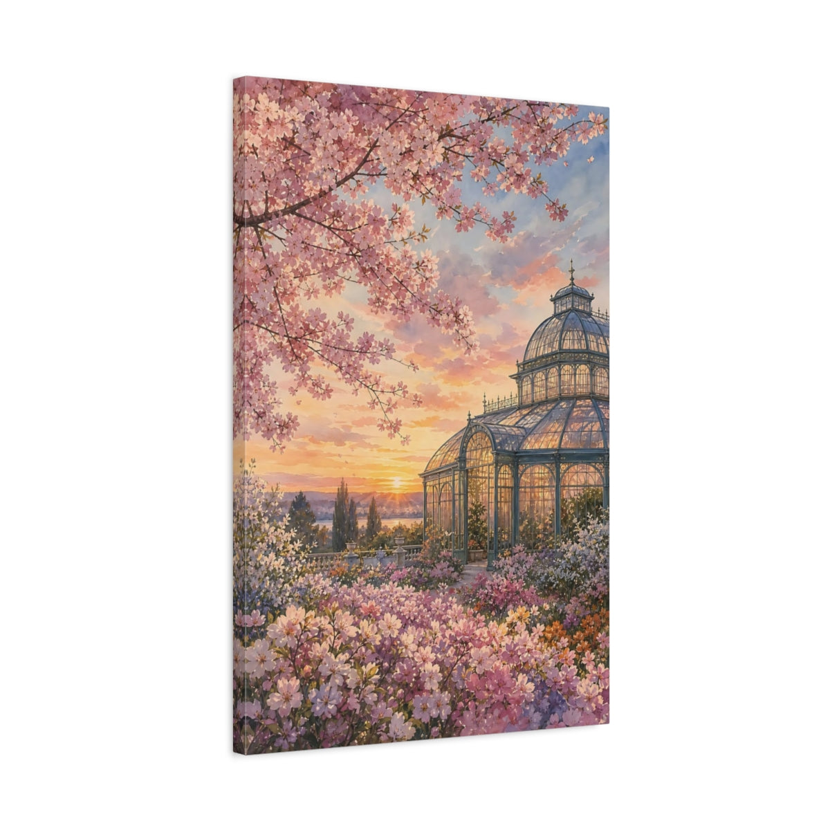 Side Mockup 2. Floral Greenhouse Garden Pink Floral Sunset shown as stretched canvas wall art
