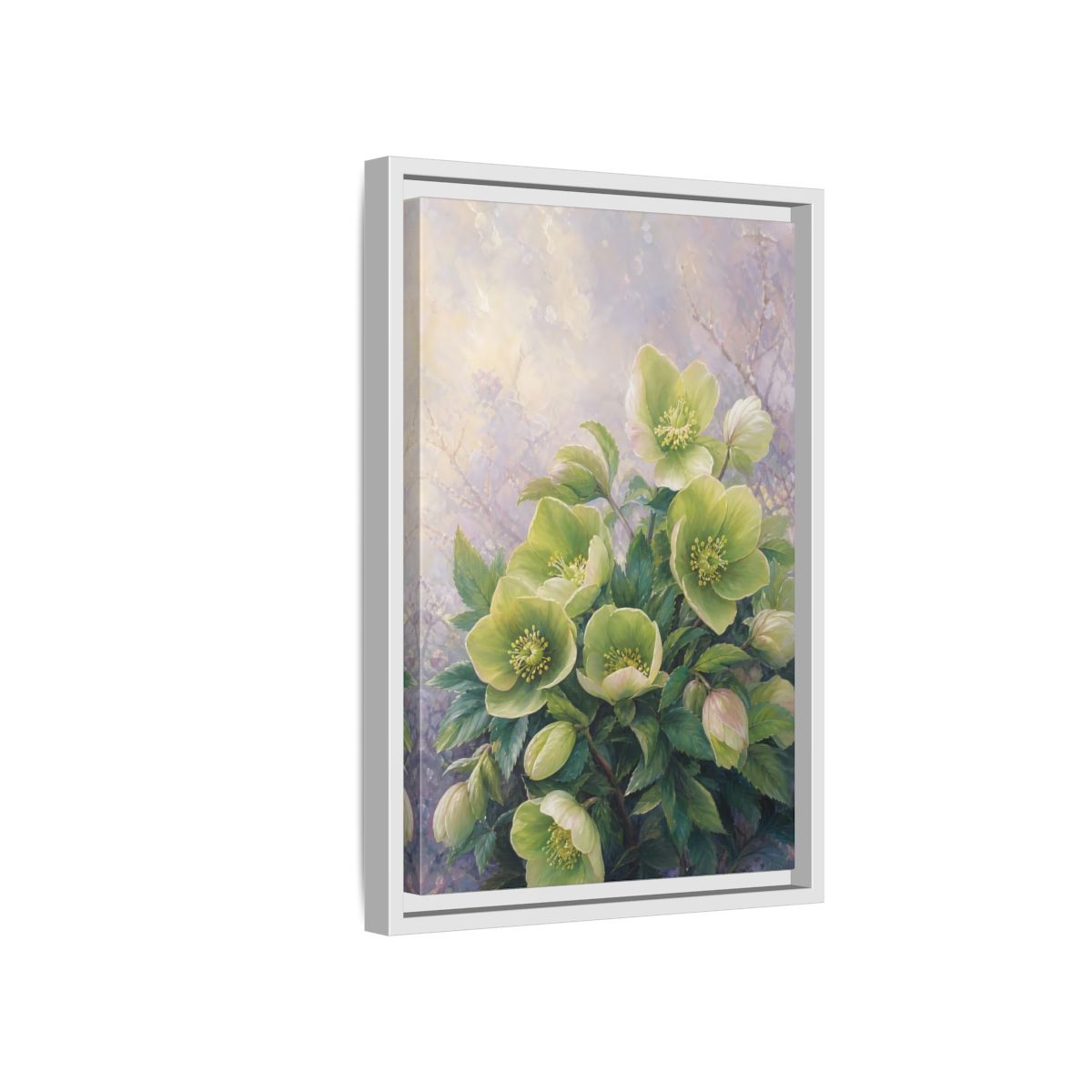 Side Mockup 4. Floral Hellebore Flowers Green Hellebore Flowers shown as stretched canvas wall art