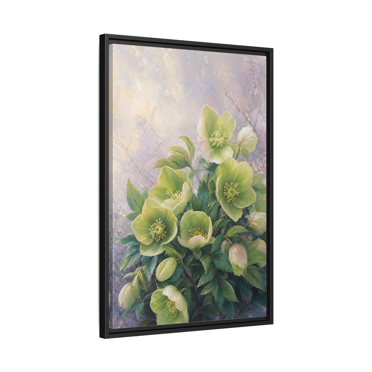 Side Mockup 14. Floral Hellebore Flowers Green Hellebore Flowers shown as stretched canvas wall art