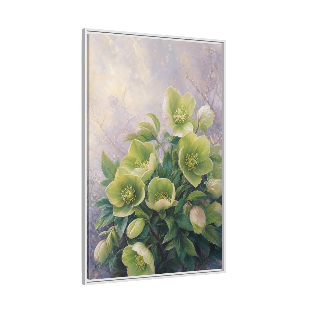 Side Mockup 7. Floral Hellebore Flowers Green Hellebore Flowers shown as stretched canvas wall art