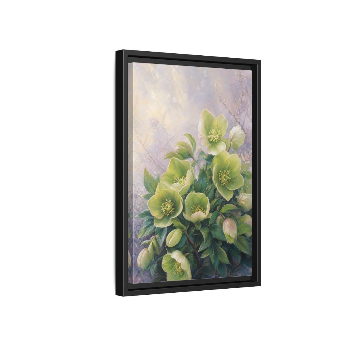 Side Mockup 6. Floral Hellebore Flowers Green Hellebore Flowers shown as stretched canvas wall art