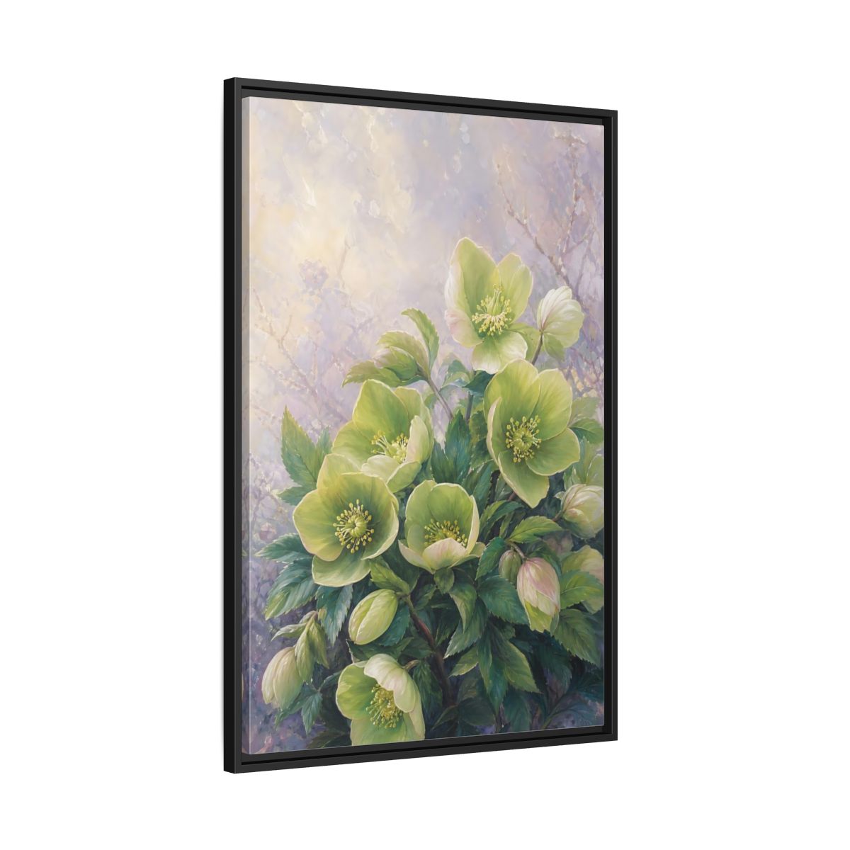 Side Mockup 13. Floral Hellebore Flowers Green Hellebore Flowers shown as stretched canvas wall art