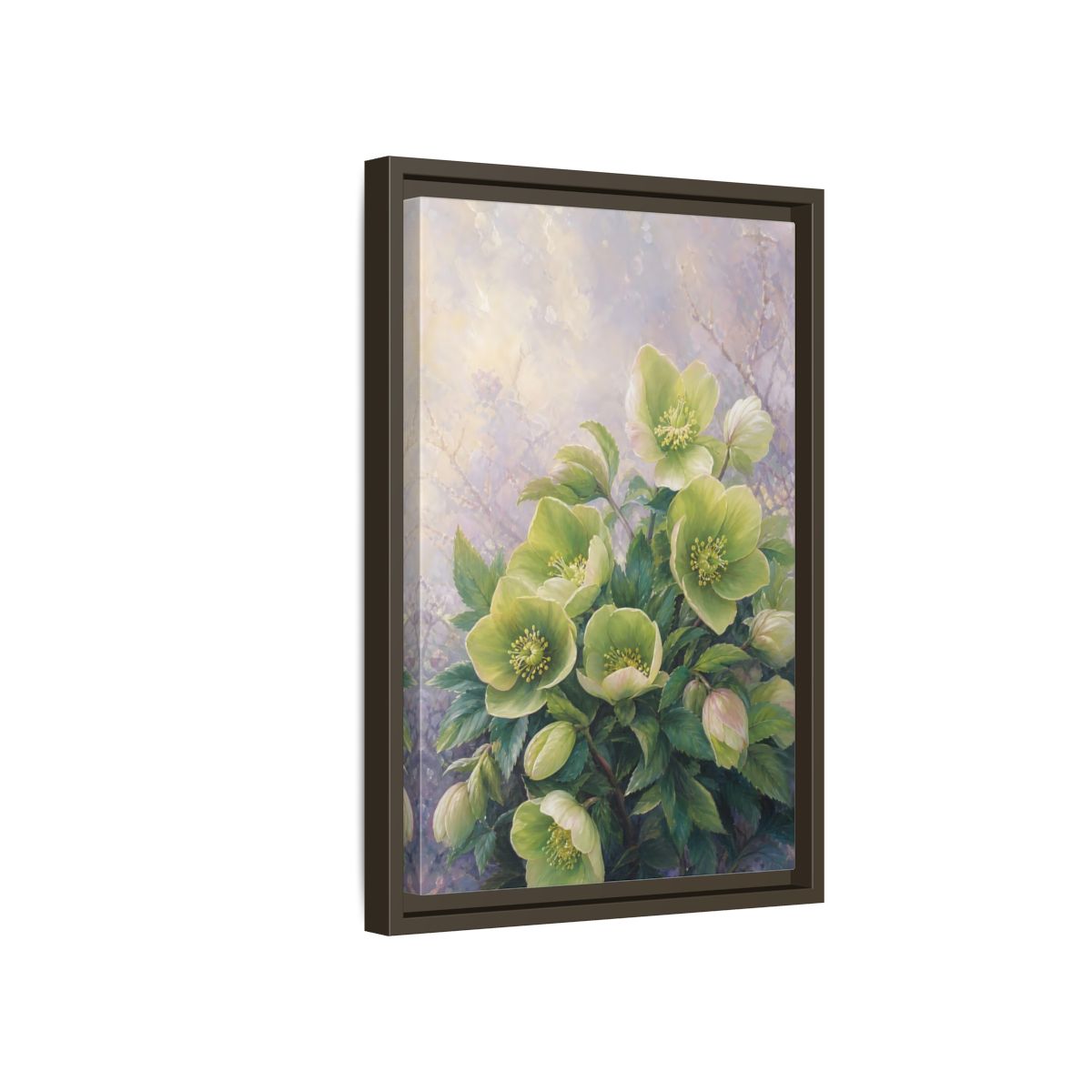 Side Mockup 5. Floral Hellebore Flowers Green Hellebore Flowers shown as stretched canvas wall art