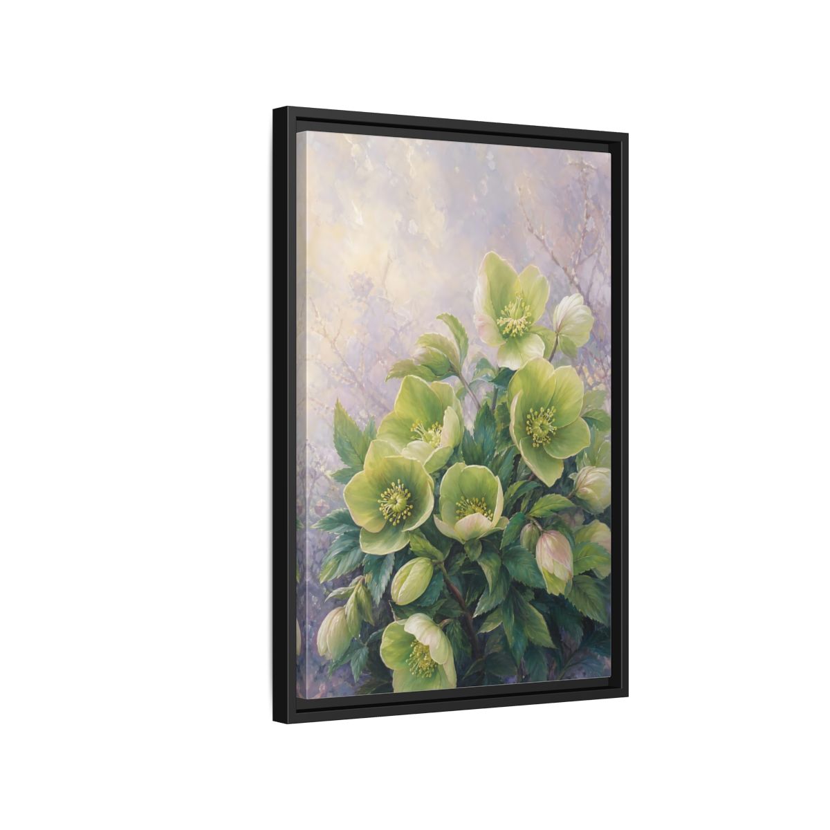 Side Mockup 3. Floral Hellebore Flowers Green Hellebore Flowers shown as stretched canvas wall art