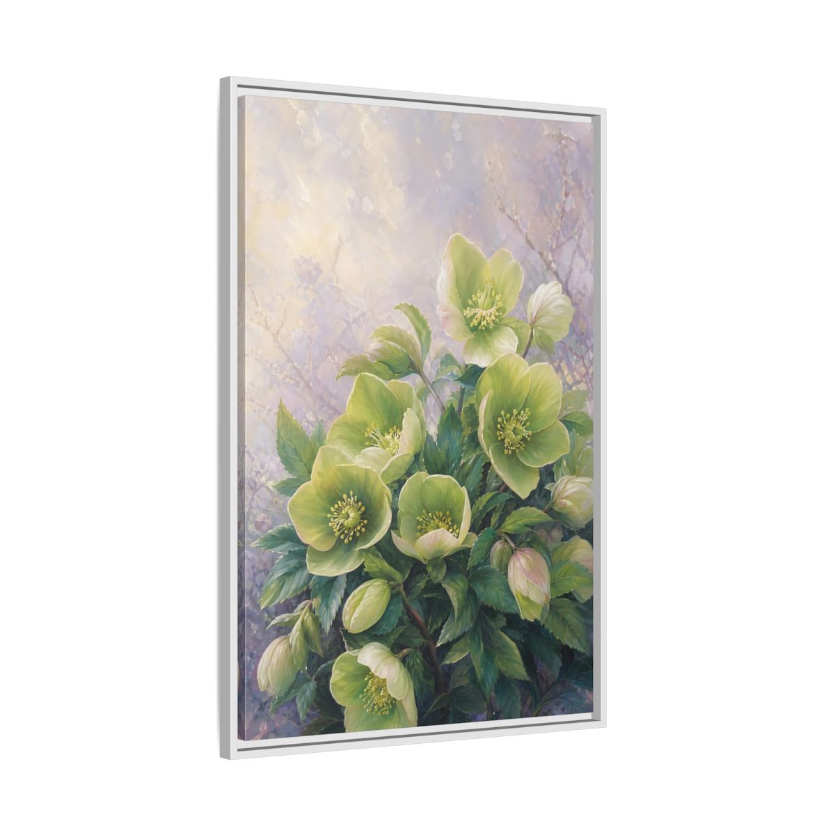 Side Mockup 9. Floral Hellebore Flowers Green Hellebore Flowers shown as stretched canvas wall art