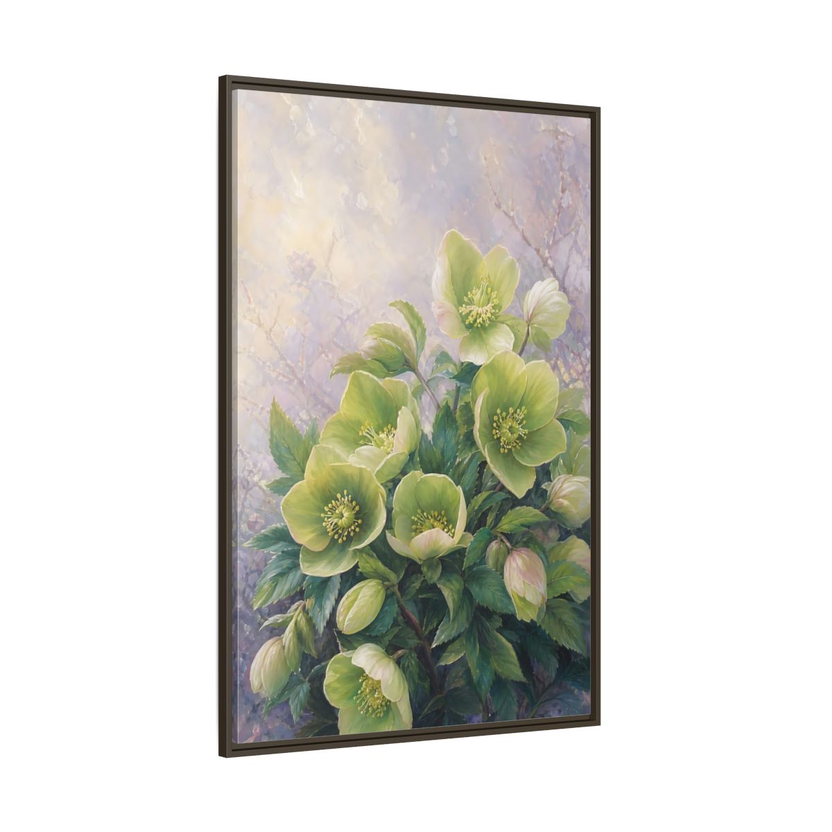 Side Mockup 8. Floral Hellebore Flowers Green Hellebore Flowers shown as stretched canvas wall art