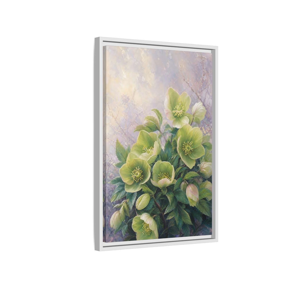 Side Mockup 1. Floral Hellebore Flowers Green Hellebore Flowers shown as stretched canvas wall art