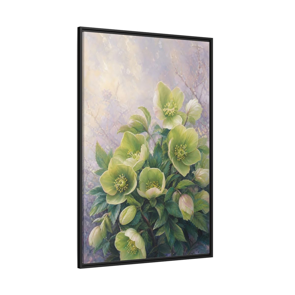 Side Mockup 12. Floral Hellebore Flowers Green Hellebore Flowers shown as stretched canvas wall art