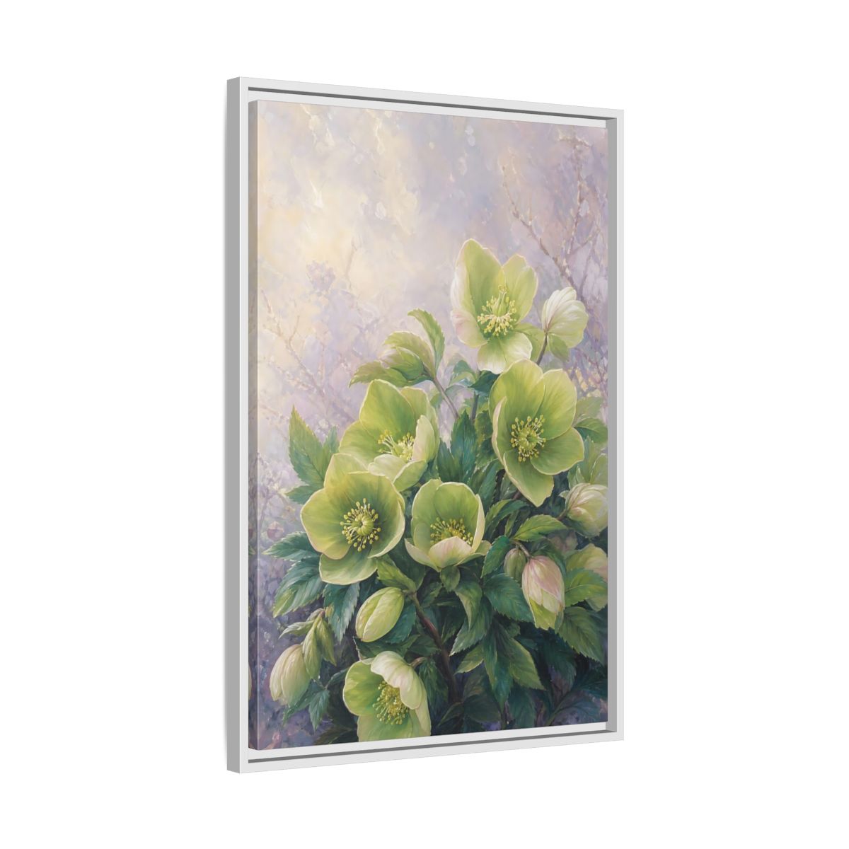 Side Mockup 10. Floral Hellebore Flowers Green Hellebore Flowers shown as stretched canvas wall art